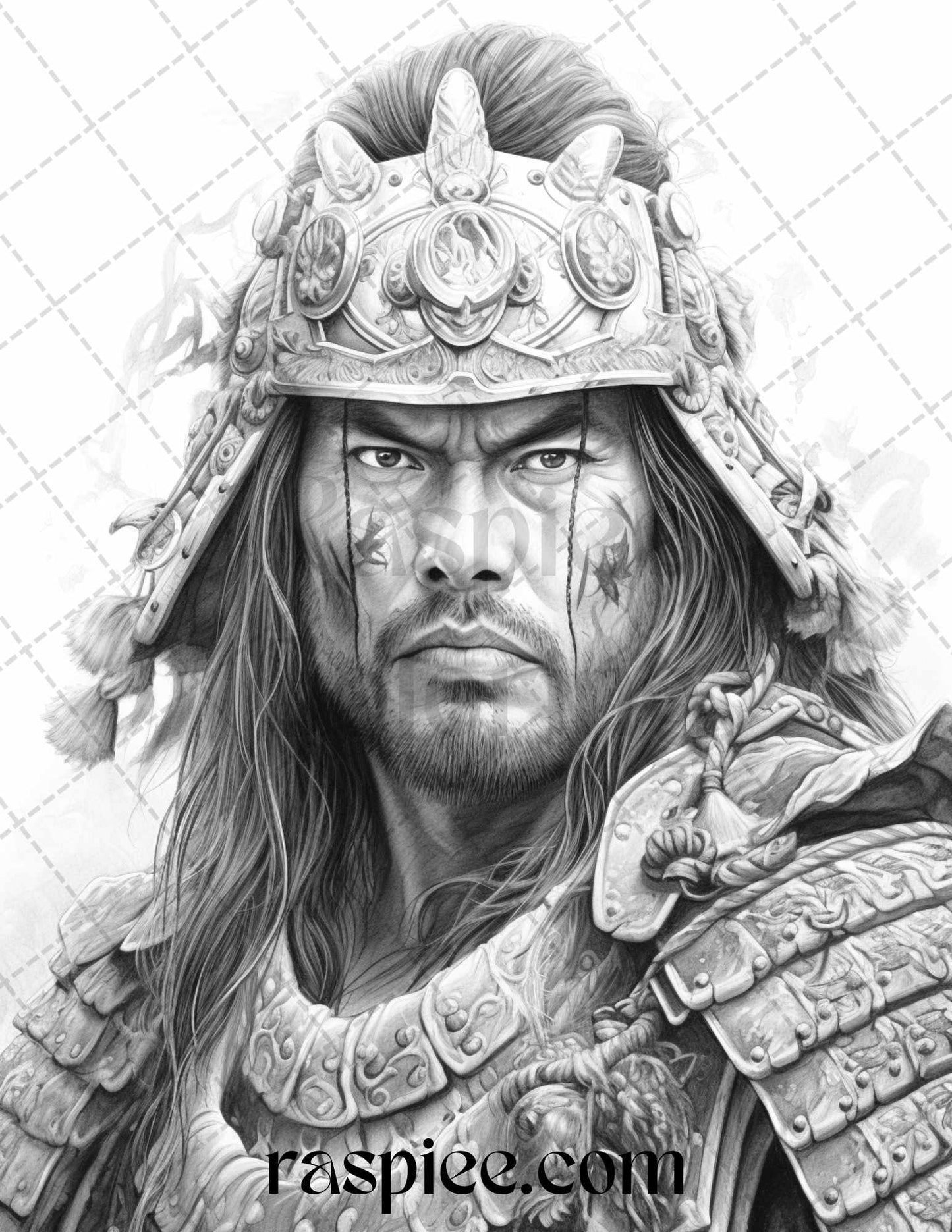 Japanese samurai coloring pages, grayscale printable sheets, adult coloring book, stress relief art, Japanese warriors illustrations