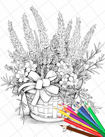 30 Flower Baskets Grayscale Coloring Pages for Adults, PDF File Instant Download - raspiee