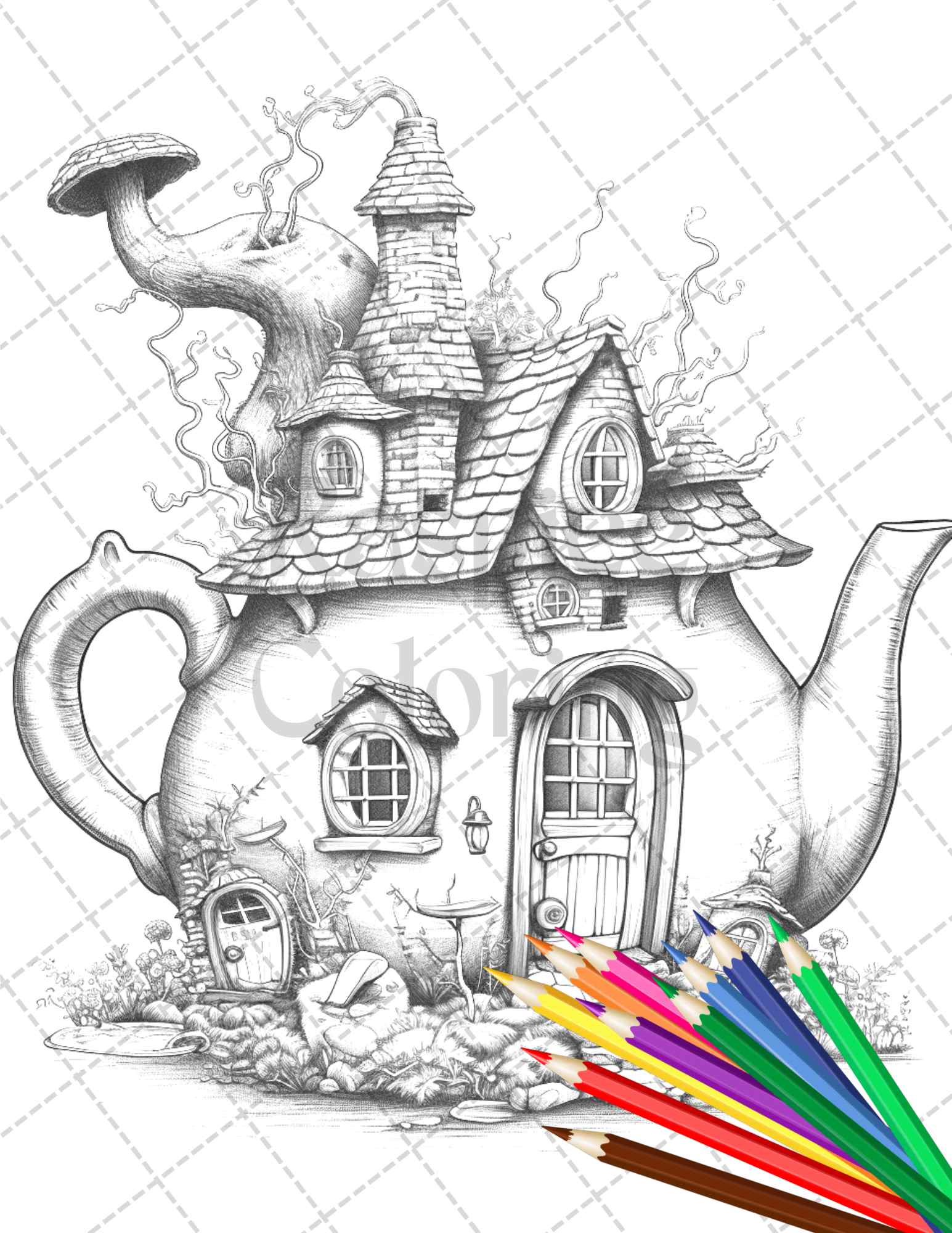 40 Teapot Fairy Houses Grayscale Coloring Pages Printable for Adults, PDF File Instant Download - raspiee