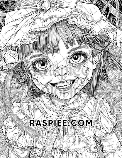 Haunted Dolls Halloween Horror Adult Coloring Pages Printable PDF Instant Download - RASPIEE