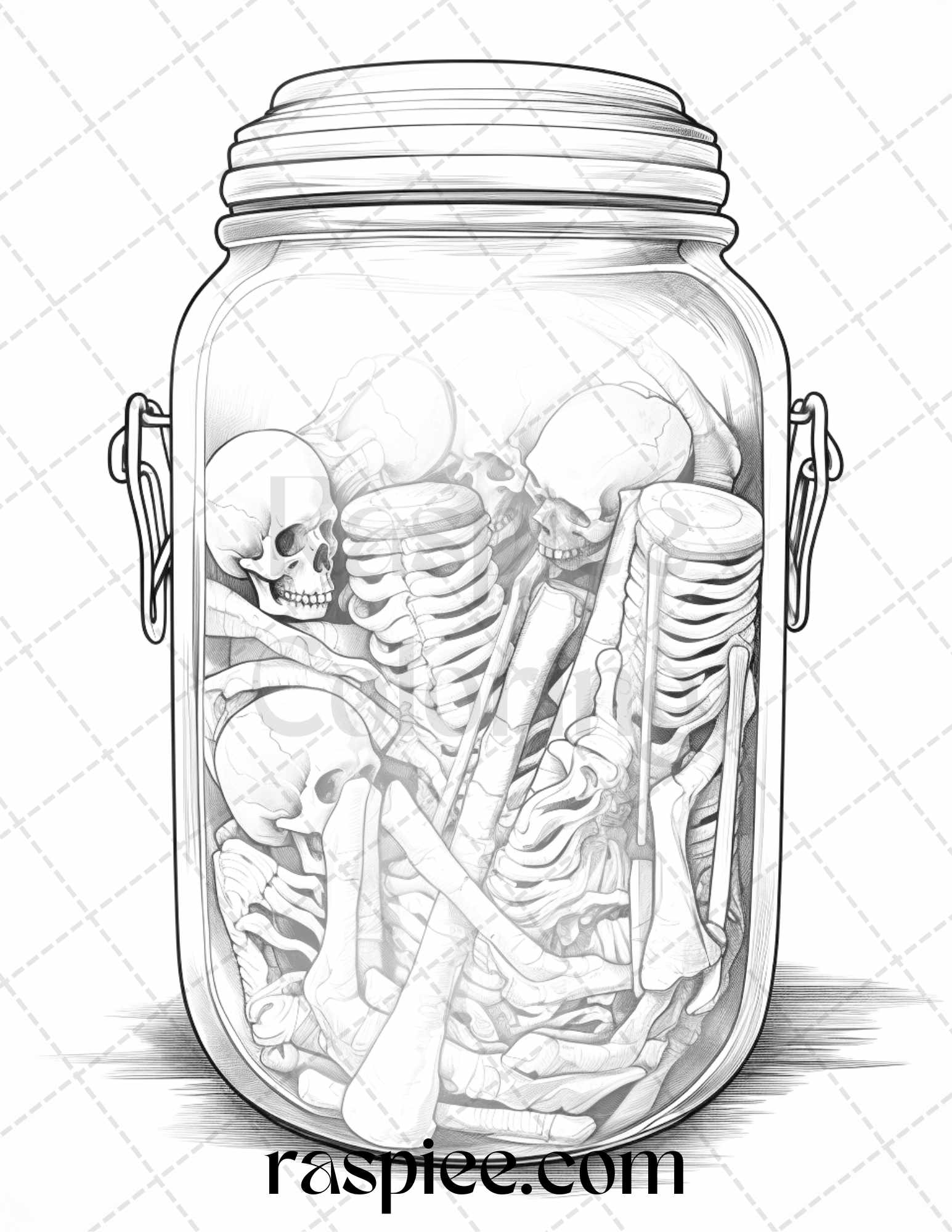 Halloween in Jar Grayscale Printable Coloring Pages, Halloween Jar Illustrations for Adults, Spooky Grayscale Coloring Sheets, Printable Halloween Coloring Fun, Adult Grayscale Coloring Designs, Halloween Printable Decorations, Relaxing Halloween Coloring Pages