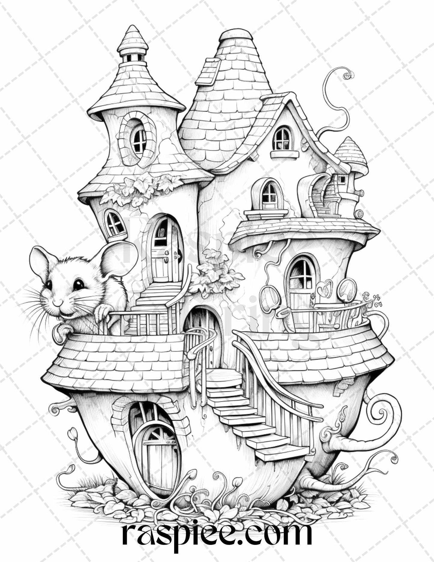 40 Magical Mouse Houses Grayscale Coloring Pages Printable for Adults, PDF File Instant Download - raspiee