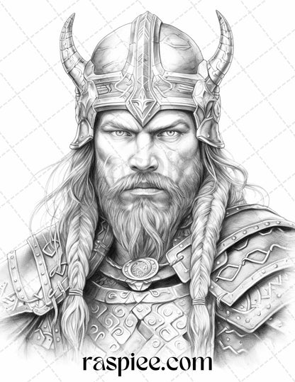 55 Viking Warriors Portrait Grayscale Coloring Pages Printable for Adults, PDF File Instant Download