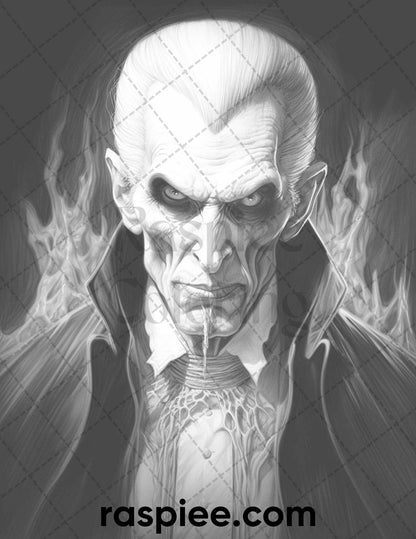 Count Dracula grayscale coloring page, Vampire coloring sheet for adults, Halloween adult coloring printable, Spooky grayscale coloring page, Dark fantasy vampire illustration, Horror-themed coloring printable, Scary Dracula coloring page, Creepy grayscale coloring sheet, Adult relaxation coloring printable, Halloween Coloring Pages for Adults
