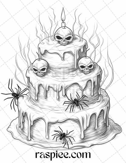 68 Halloween Spooky Desserts Grayscale Coloring Pages Printable for Adults, PDF File Instant Download