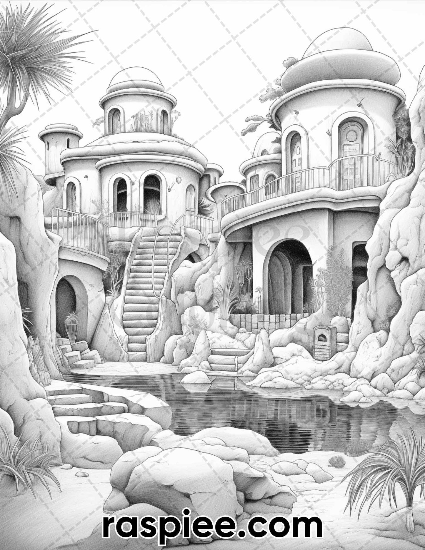 Desert Oasis Fairy Homes Coloring Pages, Grayscale Coloring Sheets, Adult Coloring Book Printable, Digital Downloadable Coloring, Detailed Fantasy Coloring, Stress Relief Coloring Pages, Desert Landscape Coloring Pages, Grown-Up Coloring Printable