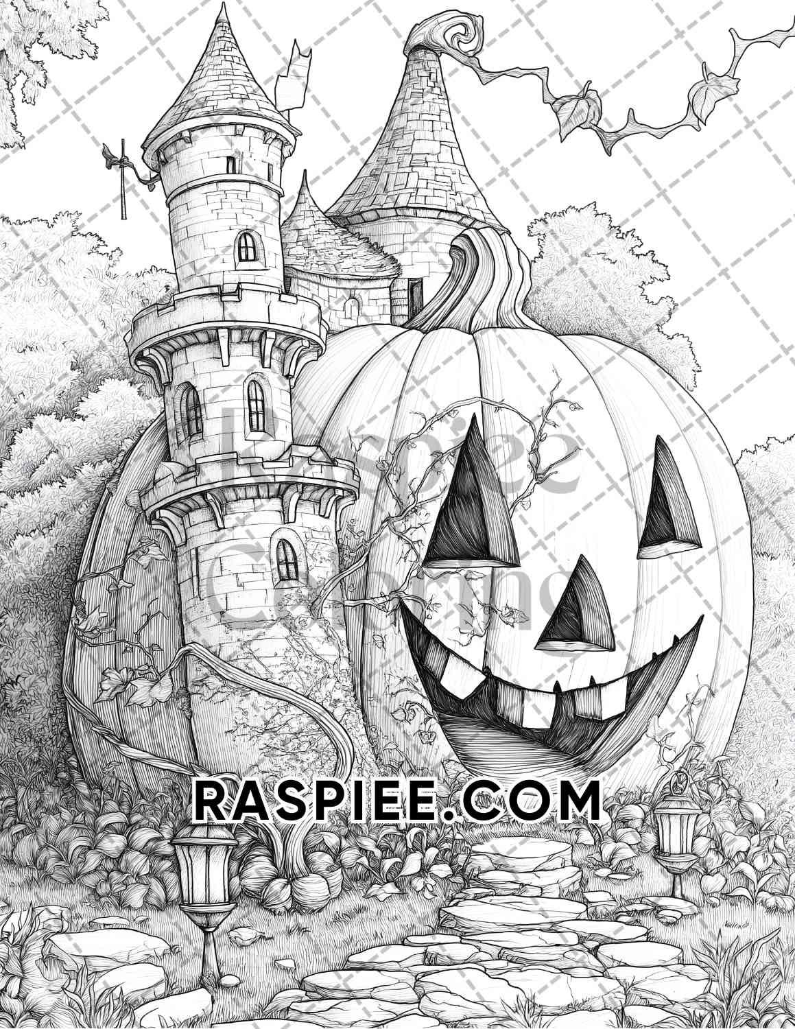 Fantasy Giant Pumpkin Castles Adult Coloring Pages Printable PDF Instant Download - RASPIEE