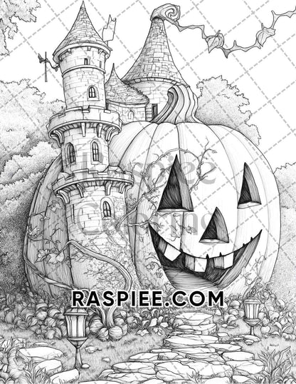 Fantasy Giant Pumpkin Castles Adult Coloring Pages Printable PDF Instant Download - RASPIEE