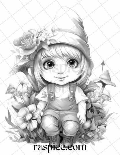 50 Flower Gnomes Grayscale Coloring Pages Printable for Adults Kids, PDF File Instant Download - raspiee