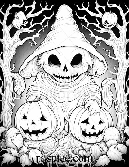 50 Halloween Cute Ghosts Grayscale Coloring Printable for Adults Kids, PDF File Instant Download - Raspiee Coloring