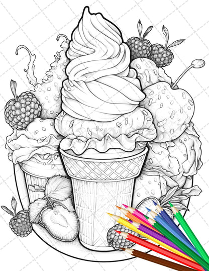 52 Printable Ice Cream Desserts Coloring Pages for Adults and Kids, Grayscale Coloring Page, PDF File Instant Download - raspiee