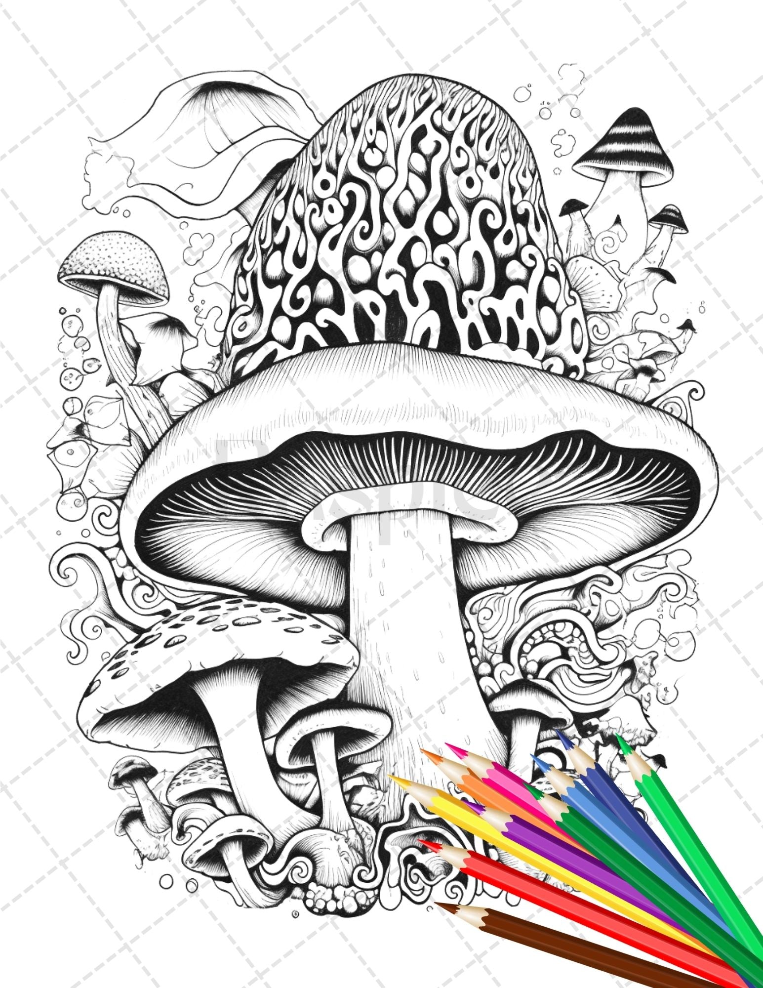 Psychedelic Mushroom Forest Coloring Book Printable for Adults, Trippy Grayscale Coloring Page, PDF File Instant Download - raspiee