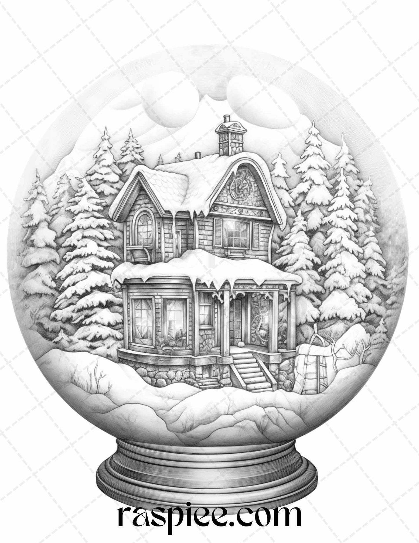 Cozy Cabin in Snow Globe Grayscale Coloring Pages Printable for Adults, PDF File Instant Download - Raspiee Coloring
