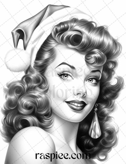 Vintage Christmas Pin Up Girls Coloring Page, Retro Pinup Girl Coloring Design, Vintage Style Holiday Coloring, Potrait Coloring Pages for Adults, Festive Adult Coloring Page, Printable Adult Coloring Sheet, Retro Xmas Coloring Pages, Grayscale Coloring for Adults