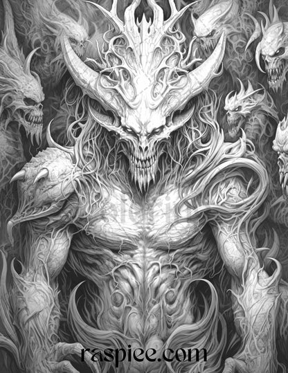 43 Fantasy Demons Grayscale Coloring Pages for Adults, Printable PDF File Instant Download