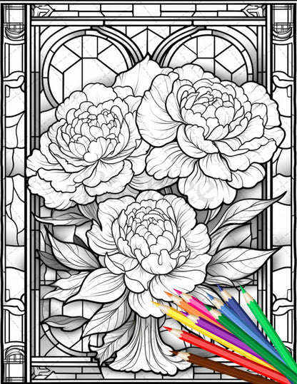 32 Stained Glass Flowers Grayscale Coloring Pages Printable for Adults, PDF File Instant Download - raspiee