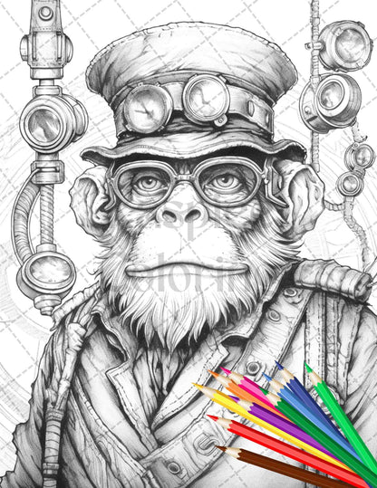 steampunk animals grayscale coloring pages, printable coloring pages for adults, grayscale art, steampunk animal designs, detailed grayscale coloring, Victorian-inspired coloring pages