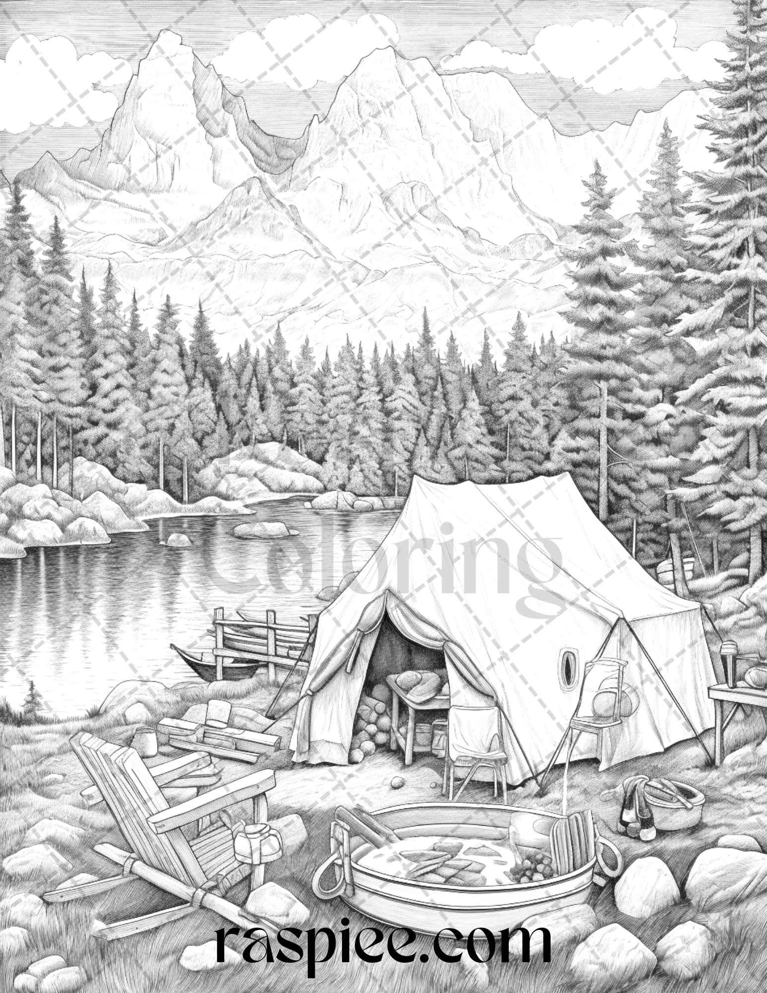 tent coloring page Nature Camping Grayscale Coloring Pages Printable, Relaxing Outdoor Sc – RASPIEE