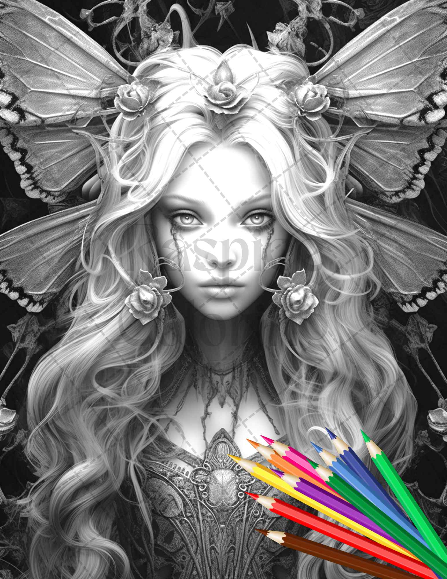Beautiful Dark Fairy Grayscale Coloring Pages Printable for Adults, PDF File Instant Download - raspiee