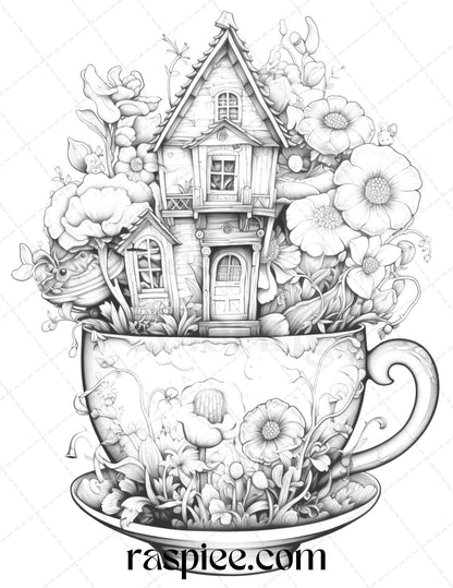 40 Flower Teacup Fairy Houses Grayscale Coloring Pages Printable for Adults, PDF File Instant Download - Raspiee Coloring
