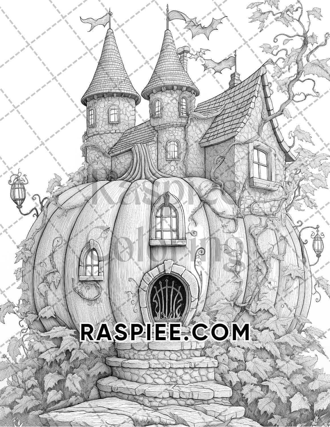 Fantasy Giant Pumpkin Castles Adult Coloring Pages Printable PDF Instant Download - RASPIEE