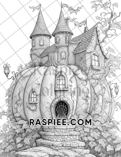 Fantasy Giant Pumpkin Castles Adult Coloring Pages Printable PDF Instant Download - RASPIEE