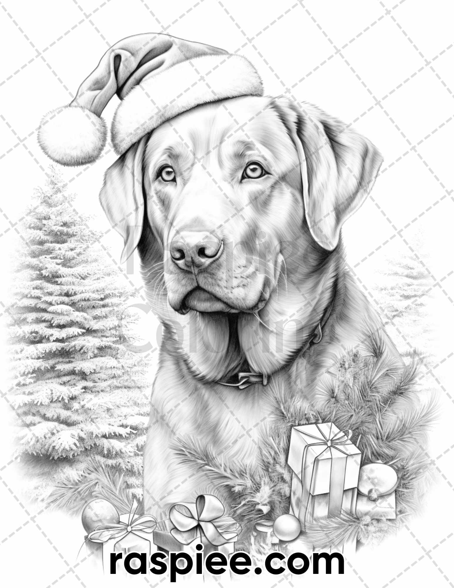 18 b4bf1632 cc0b 40b8 a4ba 53d993f2576f 45 christmas dogs grayscale coloring pages for adults, printable pdf instant download