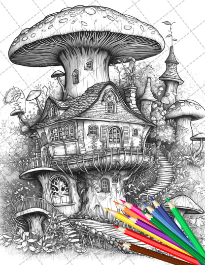 30 Fantasy Fairy Houses Coloring Page Book, Printable Adult Coloring Pages, Enchanted Fairy Home Grayscale Coloring Book, Printable PDF File - raspiee