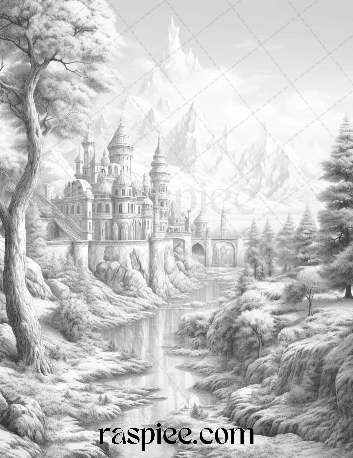 40 Fantasy Landscapes Grayscale Coloring Pages Printable for Adults, PDF File Instant Download - Raspiee Coloring
