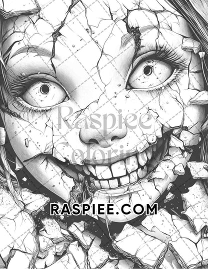 Haunted Dolls Halloween Horror Adult Coloring Pages Printable PDF Instant Download - RASPIEE