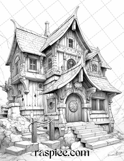 40 Viking Houses Grayscale Coloring Pages Printable for Adults, PDF File Instant Download - raspiee