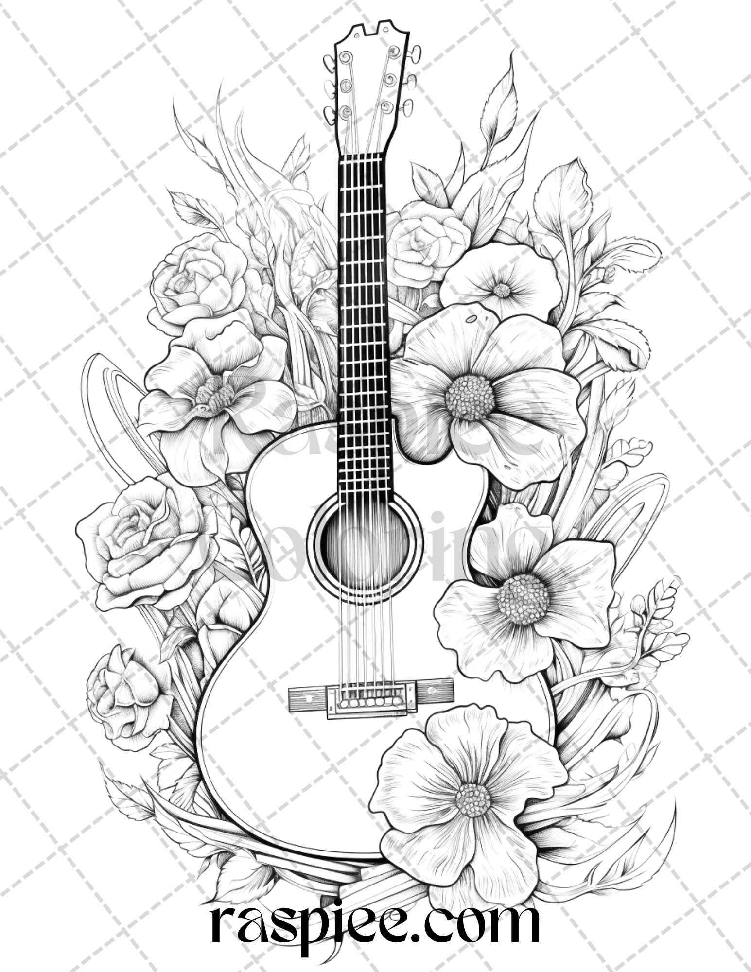 30 Musical Instrument Flower Grayscale Coloring Pages Printable for Adults, PDF File Instant Download - raspiee