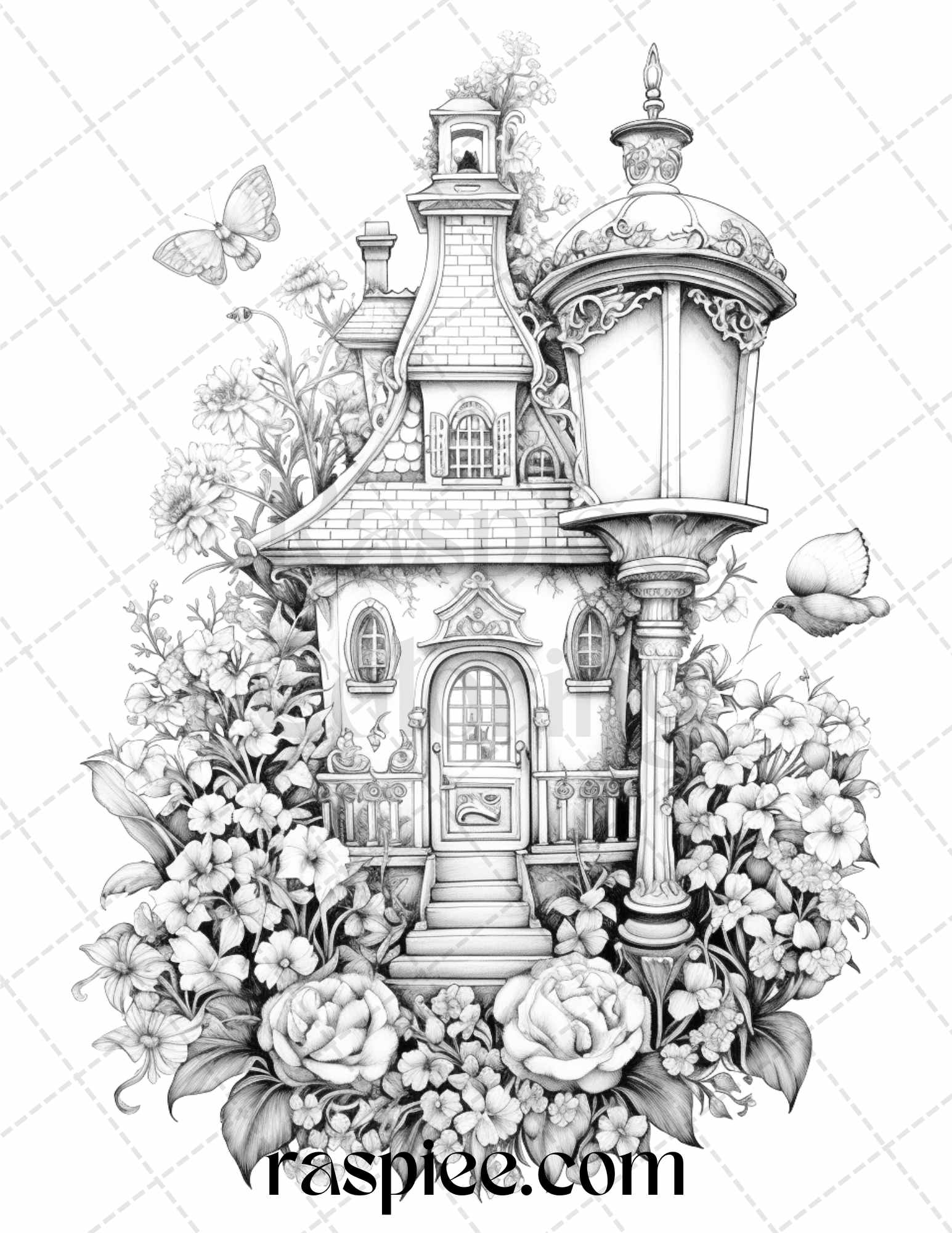 50 Lantern Fairy Houses Grayscale Coloring Pages Printable for Adults, PDF File Instant Download - raspiee