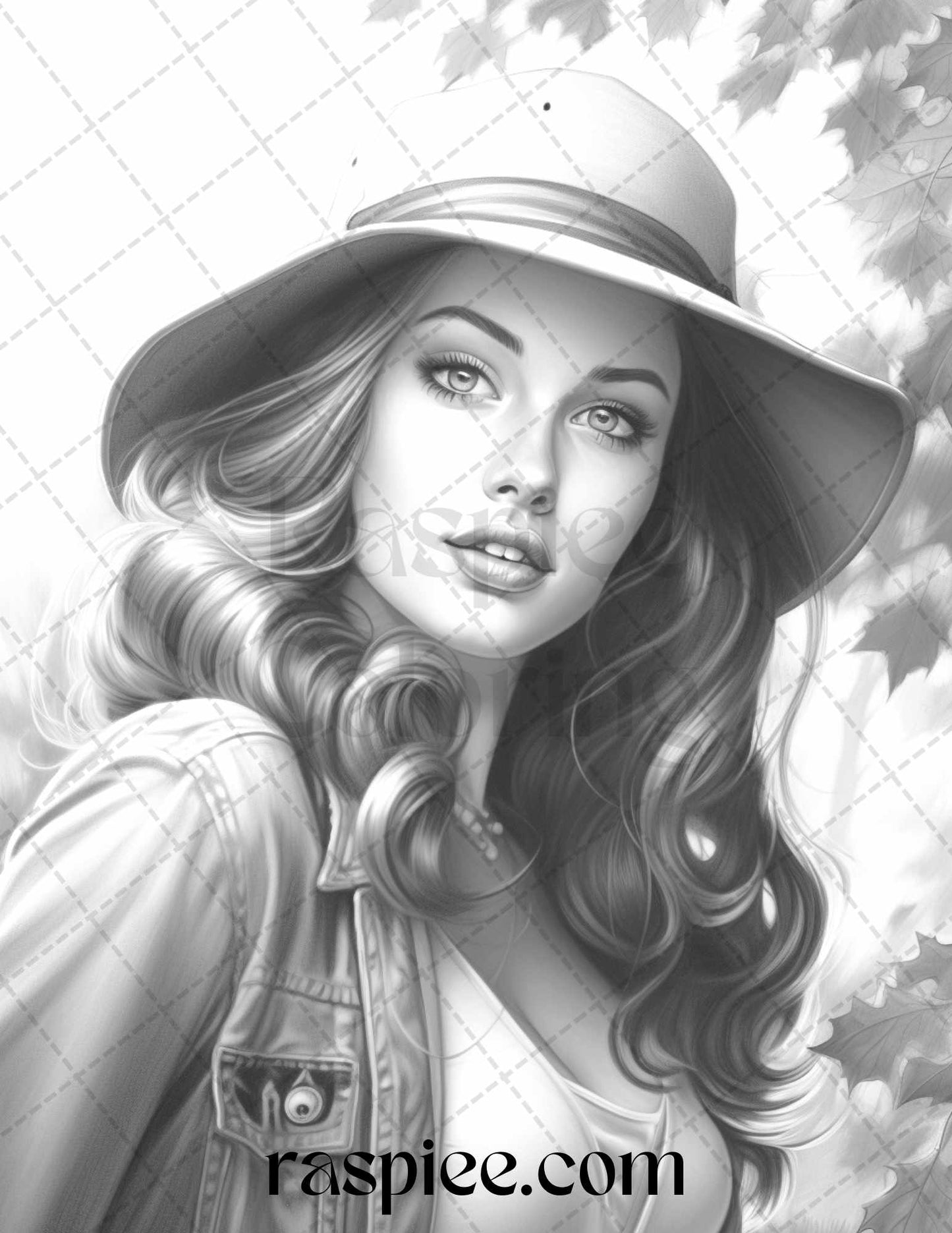 55 Autumn Pin Up Girls Grayscale Coloring Pages Printable for Adults, PDF File Instant Download