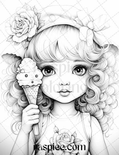42 Adorable Girls with Ice Cream Grayscale Coloring Pages Printable for Adults Kids, PDF File Instant Download - Raspiee Coloring