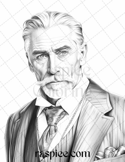 40 Vintage Gentleman Grayscale Coloring Pages Printable for Adults, PDF File Instant Download - raspiee