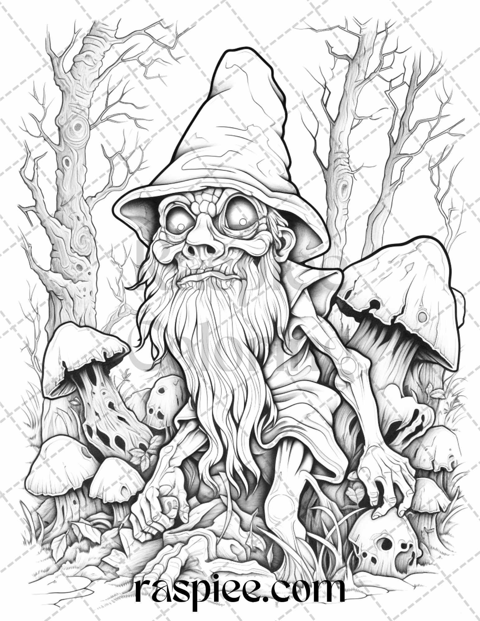 50 Horror Zombie Gnomes Grayscale Coloring Pages Printable for Adults, PDF File Instant Download - raspiee