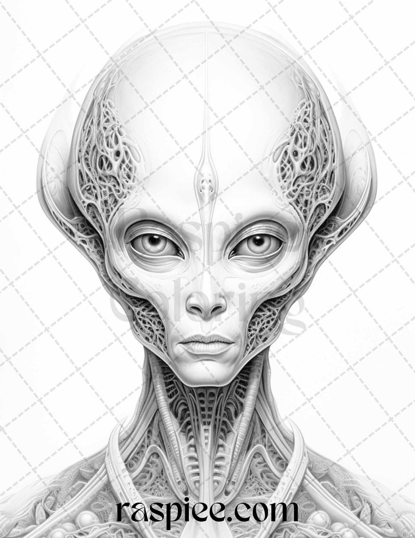 65 Alien Portrait Grayscale Coloring Pages for Adults, Printable PDF File Instant Download