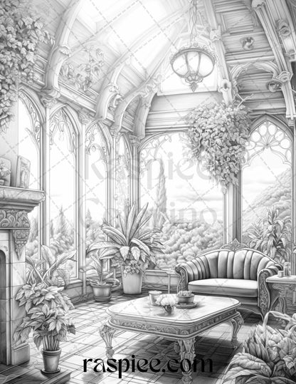Fantasy Interior Grayscale Coloring Pages, Printable Coloring Sheets for Adults, Instant Downloadable Coloring Book, Grayscale Printable Art for Stress Relief