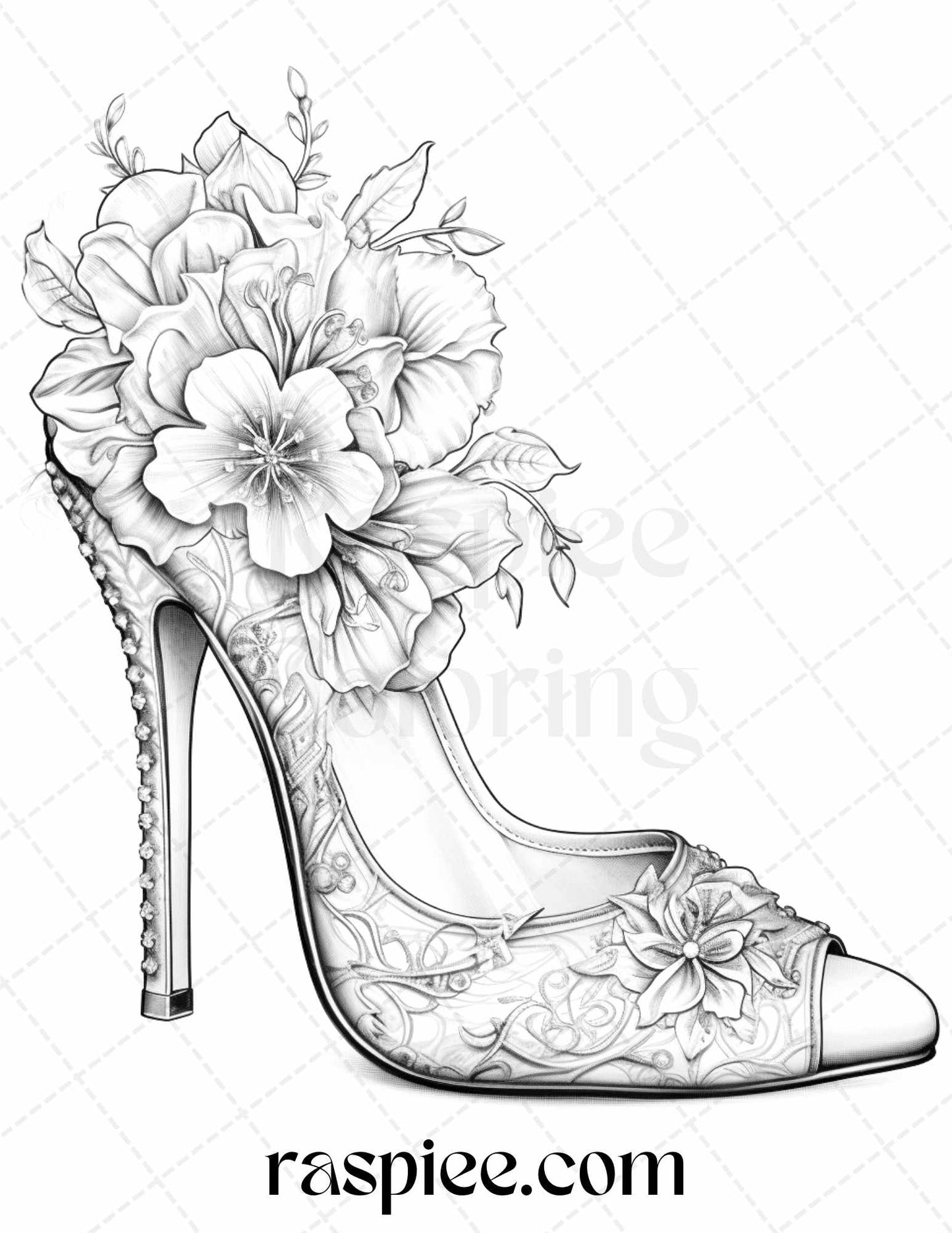 40 Flower Wedding Shoes Grayscale Coloring Pages Printable for Adults, PDF File Instant Download - Raspiee Coloring