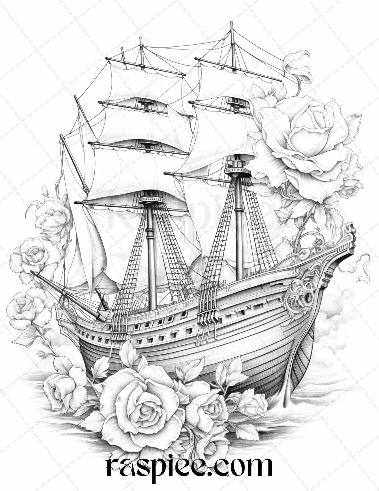 44 Flower Ships Graysale Coloring Pages Printable for Adults, PDF File Instant Download - Raspiee Coloring