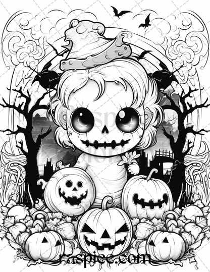 Halloween creepy kawaii grayscale coloring pages, printable Halloween coloring PDF, spooky art therapy printables, grayscale Halloween illustrations, DIY coloring sheets for adults and kids