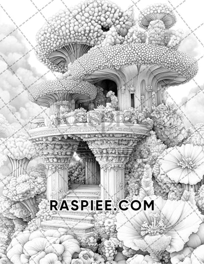 Fantasy Flower Houses Adult Coloring Pages Printable PDF Instant Download