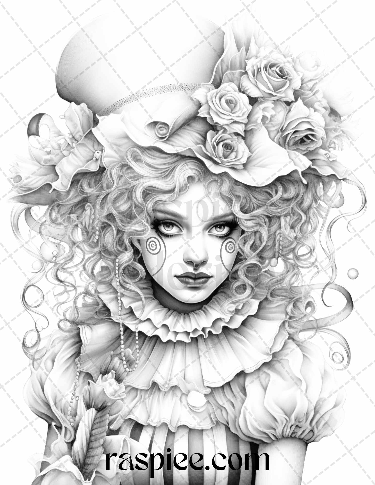 Clown Girls Grayscale Coloring Pages for Adults, Printable Clown Girls Coloring Book, High-Quality Grayscale Printable Art, Adult Coloring Book Instant Download, DIY Grayscale Coloring for Stress Relief, Portrait Coloring Pages for Adults, Portrait Grayscale Coloring Pages