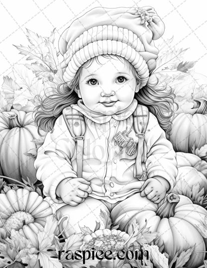40 Pumpkin Babies Grayscale Coloring Pages for Adults and Kids, Printable PDF File Instant Download