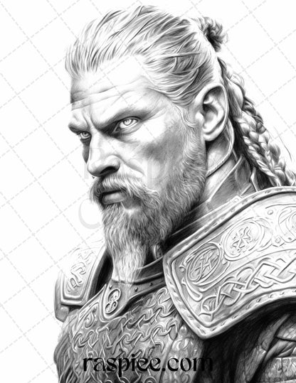 55 Viking Warriors Portrait Grayscale Coloring Pages Printable for Adults, PDF File Instant Download