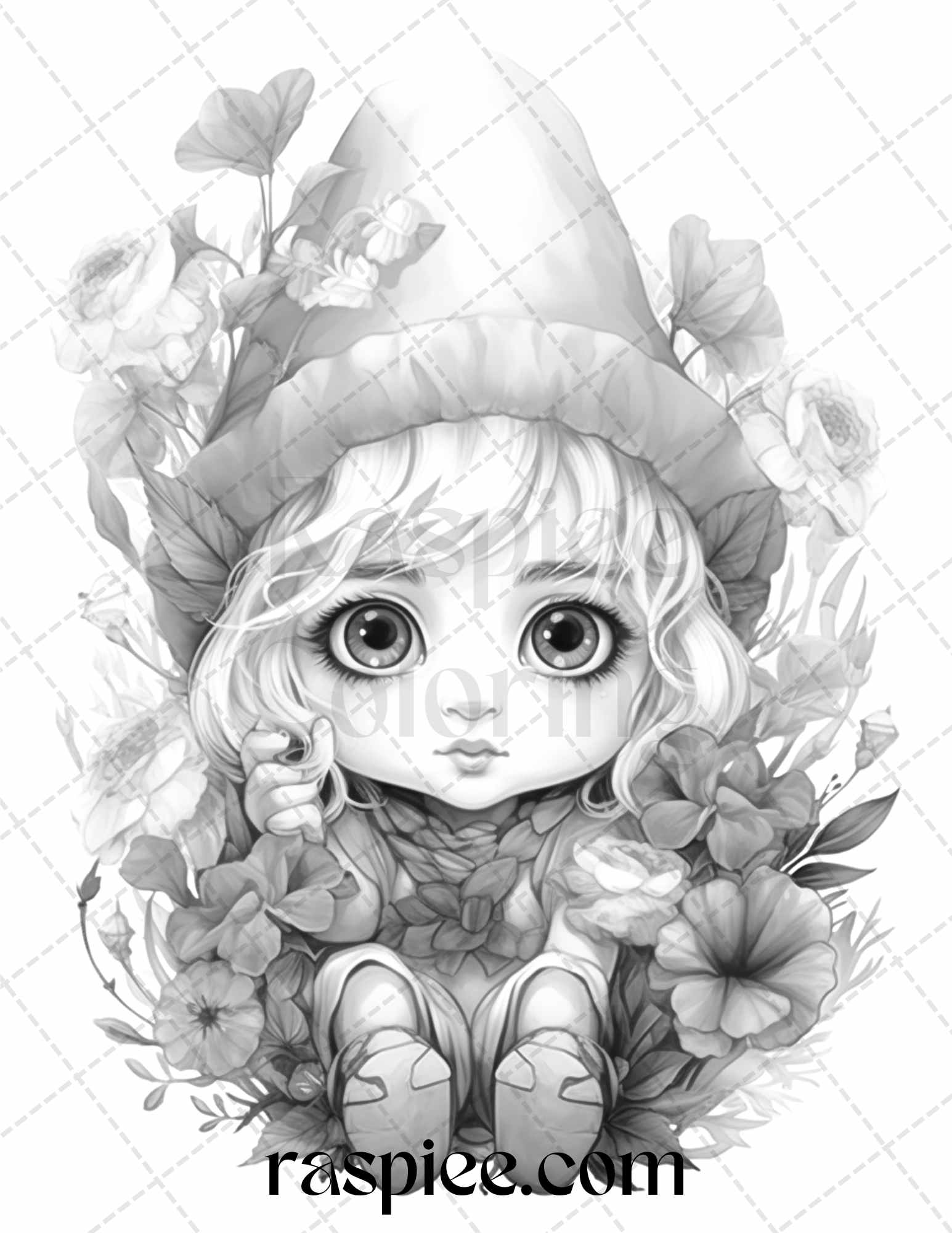 50 Flower Gnomes Grayscale Coloring Pages Printable for Adults Kids, PDF File Instant Download - raspiee