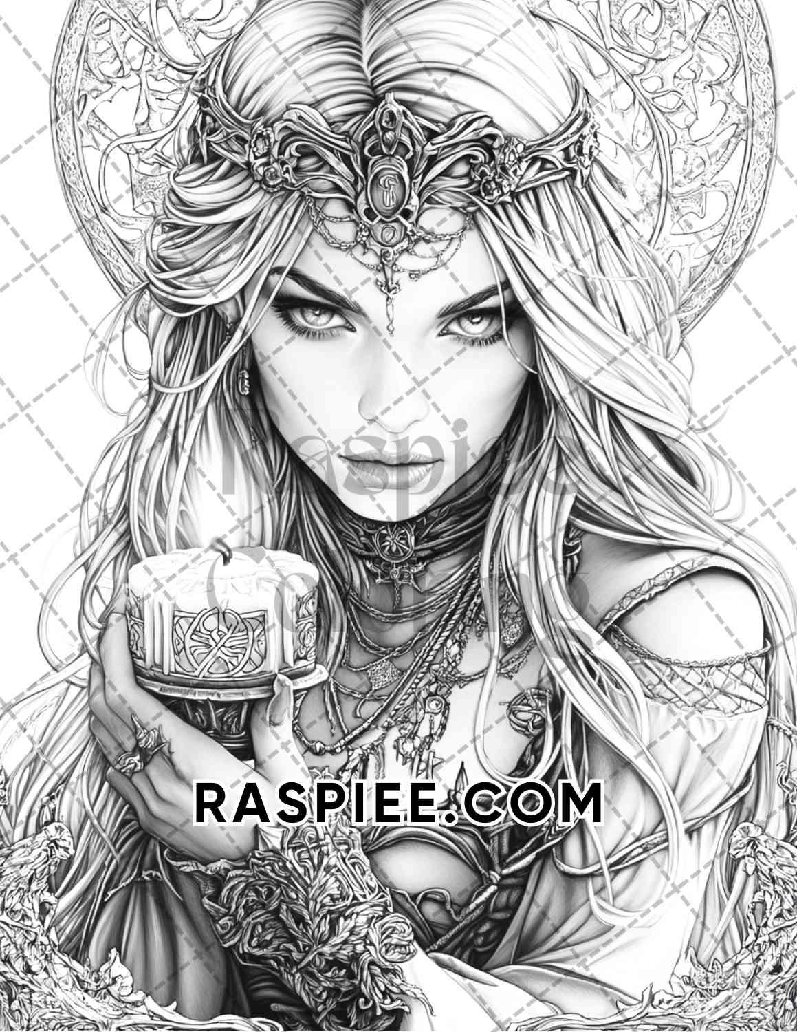 Enchanted Witches Adult Coloring Pages Printable PDF Instant Download - RASPIEE