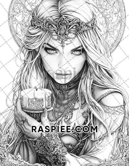 Enchanted Witches Adult Coloring Pages Printable PDF Instant Download - RASPIEE