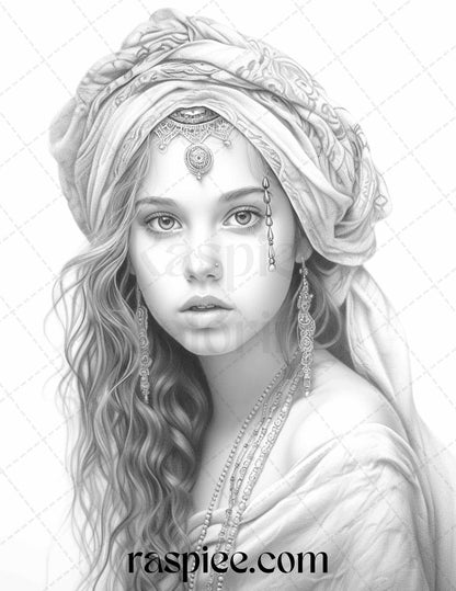 40 Beautiful Gypsy Girls Grayscale Coloring Pages Printable for Adults, PDF File Instant Download - Raspiee Coloring